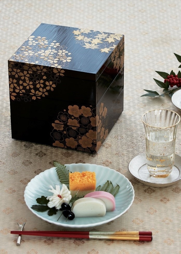 北一漆器】花丸春秋三段重（溜）(本体1（サイズ：約高さ12×幅12