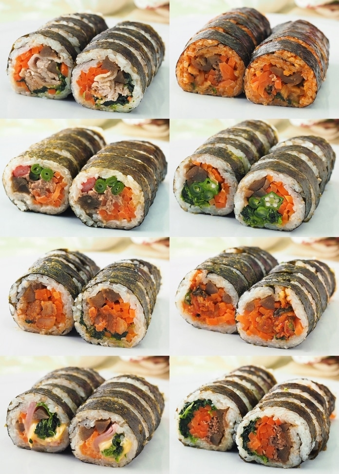 キンパ8種セット（プルコギ・豚キムチ・ツナマヨ・ハムチーズ・野菜・ピビンパ・タッカルビ・サムギョプサル）