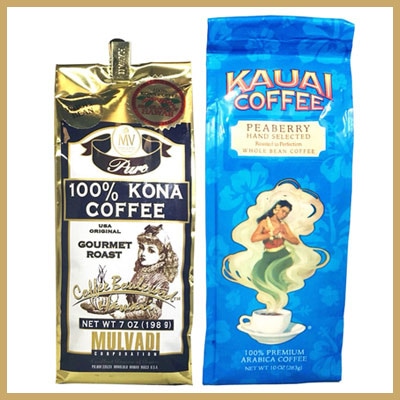 【ハワイコーヒー】Mulvadi 100%コナコーヒー豆・Kauai Coffee 挽き豆バニラマカダミア セット